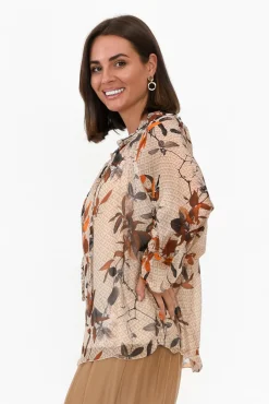Sleeved Tops<La Strada James Rust Leaf Front Tie Silk Top