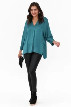 Sleeved Tops<La Strada Jason Teal Gloss Top
