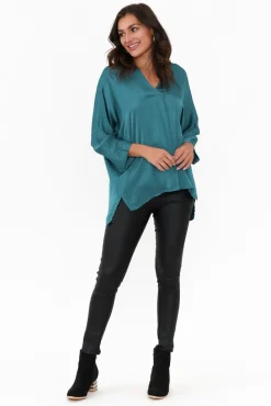 Sleeved Tops<La Strada Jason Teal Gloss Top