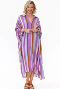 Below Knee Dresses<PQ Jewel Purple Stripe Long Sleeve Shirt Dress