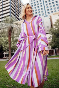 Below Knee Dresses<PQ Jewel Purple Stripe Long Sleeve Shirt Dress