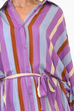 Below Knee Dresses<PQ Jewel Purple Stripe Long Sleeve Shirt Dress