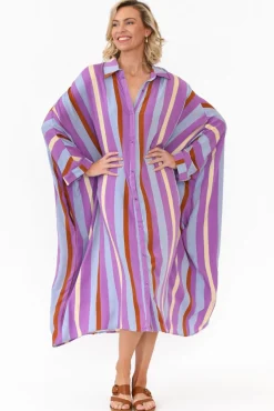 Below Knee Dresses<PQ Jewel Purple Stripe Long Sleeve Shirt Dress