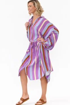 Below Knee Dresses<PQ Jewel Purple Stripe Long Sleeve Shirt Dress