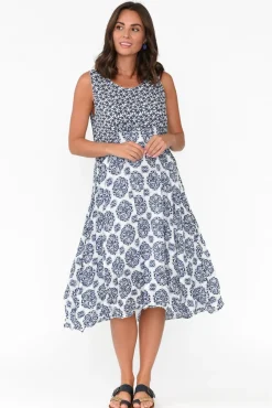 Midi Dresses<Namastai Jolie Navy Fiesta Crinkle Cotton Dress