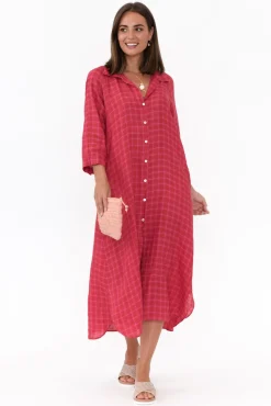 Linen Dresses<Soul Sparrow Jonah Pink Check Linen Button Dress
