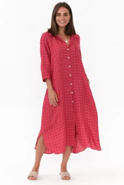 Linen Dresses<Soul Sparrow Jonah Pink Check Linen Button Dress