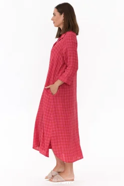 Linen Dresses<Soul Sparrow Jonah Pink Check Linen Button Dress