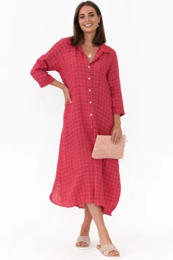 Linen Dresses<Soul Sparrow Jonah Pink Check Linen Button Dress