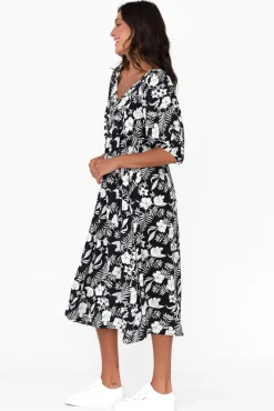 Midi Dresses<New U Collection Kacey Black Garden Button Dress