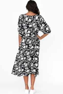 Midi Dresses<New U Collection Kacey Black Garden Button Dress