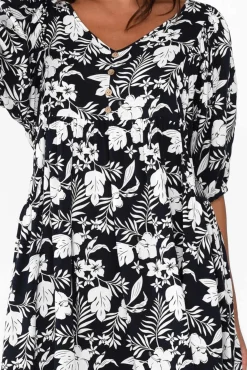 Midi Dresses<New U Collection Kacey Black Garden Button Dress