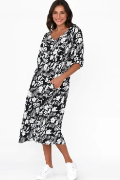 Midi Dresses<New U Collection Kacey Black Garden Button Dress