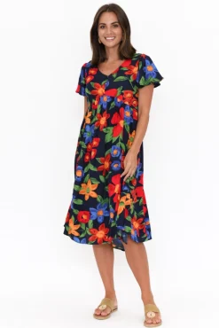 Below Knee Dresses<Hourglass Kalena Navy Flower Dress