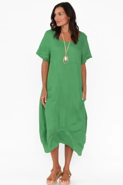 Linen Dresses<Cali and Co Kandace Emerald Linen Pocket Dress