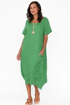 Linen Dresses<Cali and Co Kandace Emerald Linen Pocket Dress