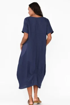 Below Knee Dresses<Cali and Co Kandace Navy Linen Pocket Dress