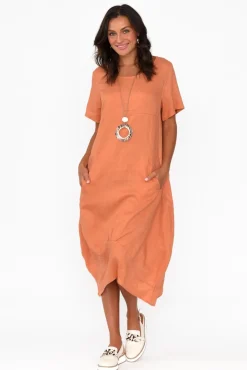 Linen Dresses<Cali and Co Kandace Orange Linen Pocket Dress