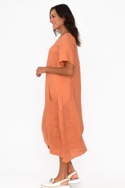Linen Dresses<Cali and Co Kandace Orange Linen Pocket Dress