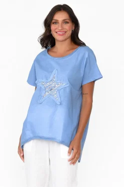 Linen Tops<Cali and Co Kassidy Blue Star Sequin Tee