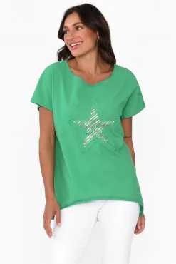 Linen Tops<Cali and Co Kassidy Emerald Star Sequin Tee