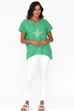 Linen Tops<Cali and Co Kassidy Emerald Star Sequin Tee