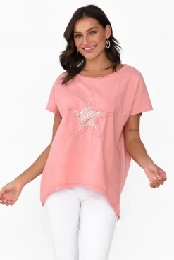 Linen Tops<Cali and Co Kassidy Pink Star Sequin Tee