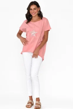 Linen Tops<Cali and Co Kassidy Pink Star Sequin Tee