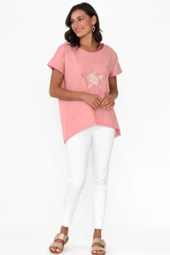 Linen Tops<Cali and Co Kassidy Pink Star Sequin Tee
