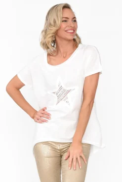 Linen Tops<Cali and Co Kassidy White Star Sequin Tee