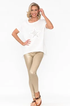 Linen Tops<Cali and Co Kassidy White Star Sequin Tee