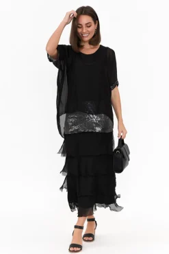 Maxi Dresses<La Strada Katerina Black Sequin Silk Overlay Maxi Dress