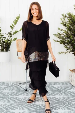 Maxi Dresses<La Strada Katerina Black Sequin Silk Overlay Maxi Dress