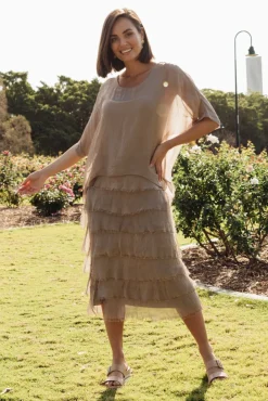 Midi Dresses<La Strada Katerina Taupe Silk Overlay Maxi Dress