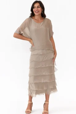 Midi Dresses<La Strada Katerina Taupe Silk Overlay Maxi Dress