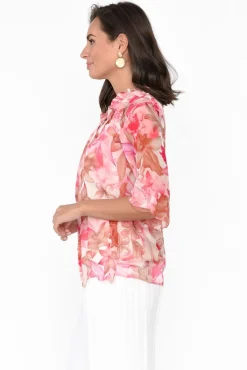 Sleeved Tops<L'amore Katrine Peach Hibiscus Ruffle Top