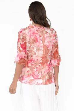 Sleeved Tops<L'amore Katrine Peach Hibiscus Ruffle Top