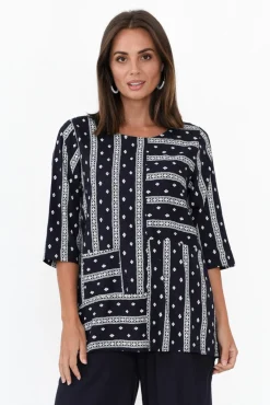 Linen Tops<Ruby Rain Kaylee Navy Aztec Linen Cotton Top