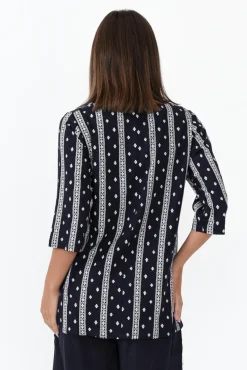 Linen Tops<Ruby Rain Kaylee Navy Aztec Linen Cotton Top