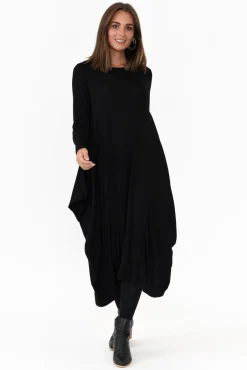 Midi Dresses<Cali and Co Kendal Black Long Sleeve Dress