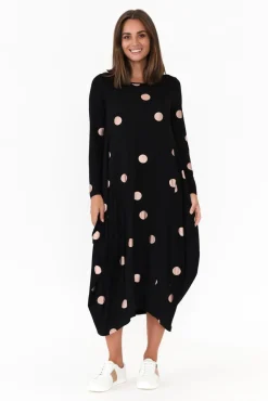Midi Dresses<Cali and Co Kendal Black Spot Long Sleeve Dress
