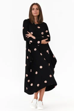 Midi Dresses<Cali and Co Kendal Black Spot Long Sleeve Dress