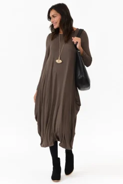 Midi Dresses<Cali and Co Kendal Chocolate Long Sleeve Dress