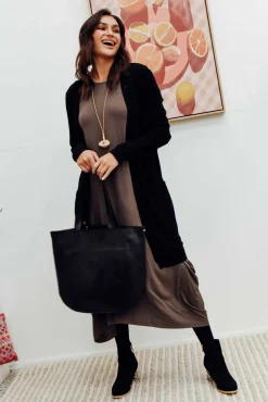 Midi Dresses<Cali and Co Kendal Chocolate Long Sleeve Dress