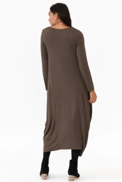 Midi Dresses<Cali and Co Kendal Chocolate Long Sleeve Dress