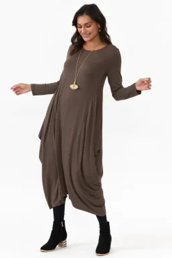 Midi Dresses<Cali and Co Kendal Chocolate Long Sleeve Dress
