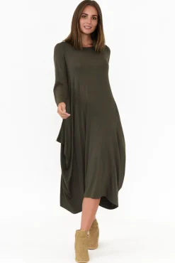 Midi Dresses<Cali and Co Kendal Khaki Long Sleeve Dress