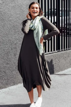 Midi Dresses<Cali and Co Kendal Khaki Long Sleeve Dress