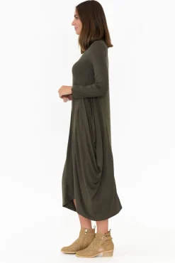 Midi Dresses<Cali and Co Kendal Khaki Long Sleeve Dress