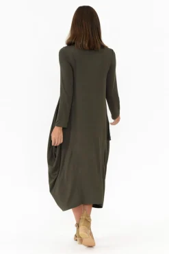 Midi Dresses<Cali and Co Kendal Khaki Long Sleeve Dress
